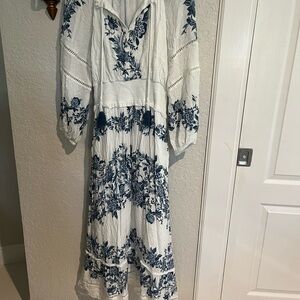 Floral White and Blue Maxi Dress